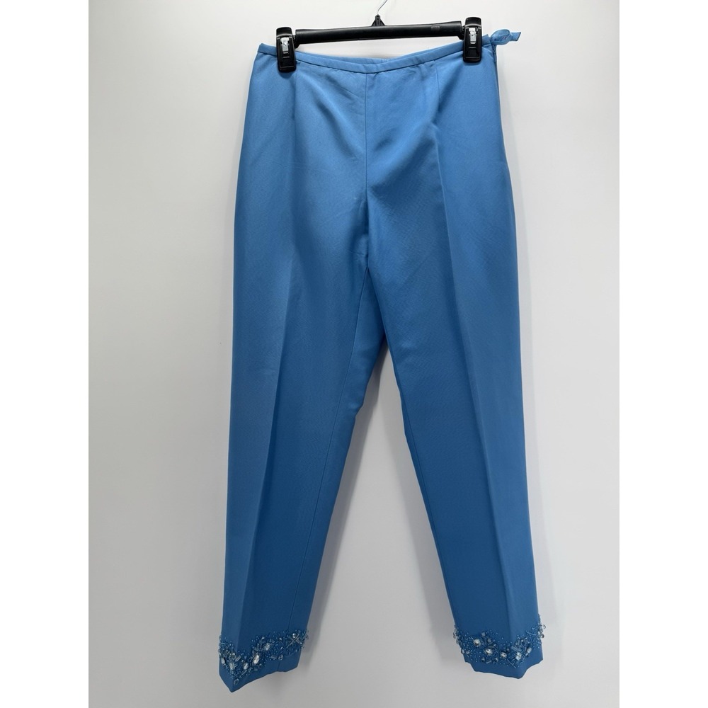 Oscar de la Renta Blue Beaded Crystal Hem Silk Blend Trousers Pants‎ Size 4 Luxe